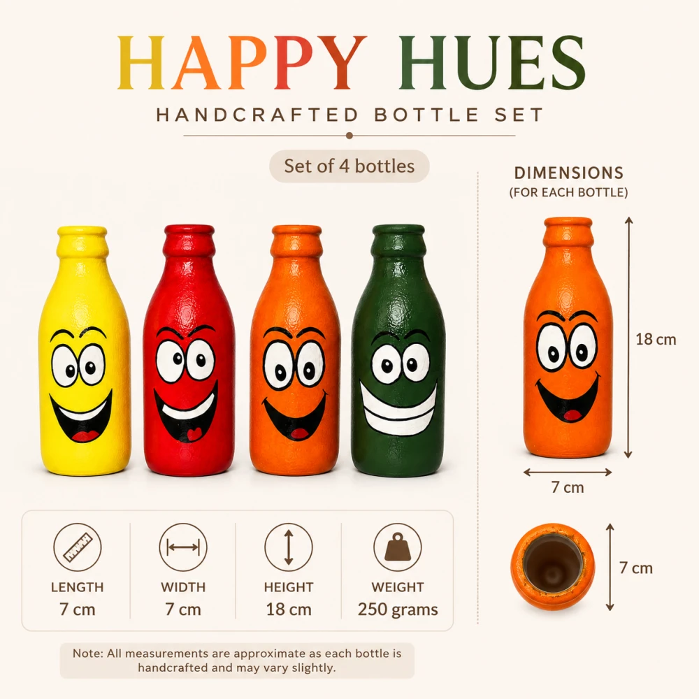 Rachnaya Happy Hues Set of 4 Hand-Painted Glass Bottle Vases | Colourful Handmade Smiley Decor for Kids Room, Desk & Gifting