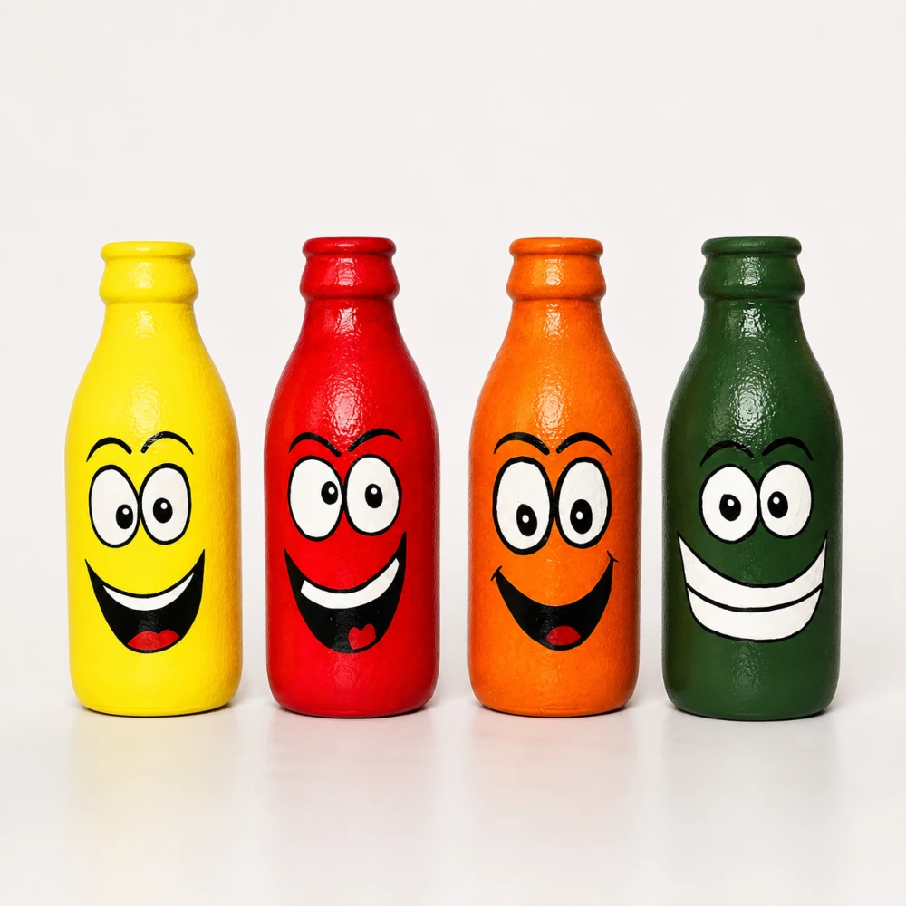 Rachnaya Happy Hues Set of 4 Hand-Painted Glass Bottle Vases | Colourful Handmade Smiley Decor for Kids Room, Desk & Gifting