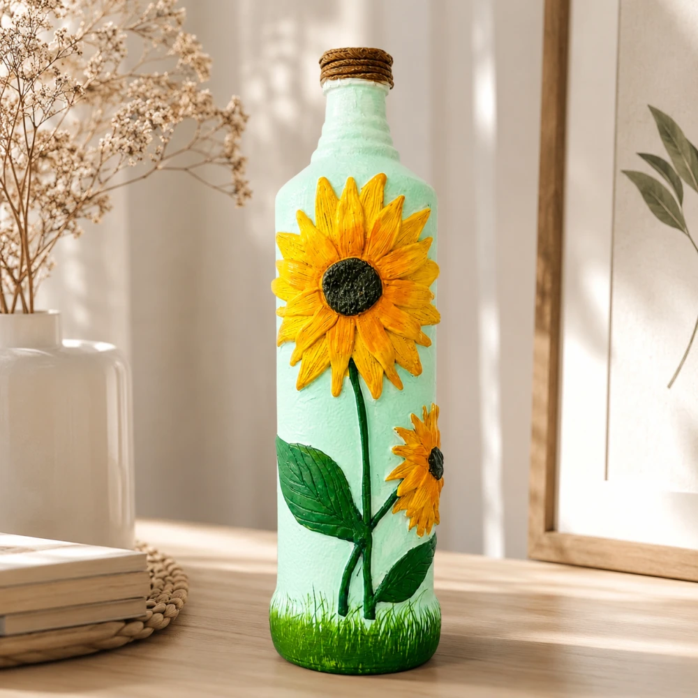Rachnaya Sunflower Hand-Painted Decorative Glass Bottle Vase | Handmade Floral Vase for Living Room, Bedroom & Table Decor