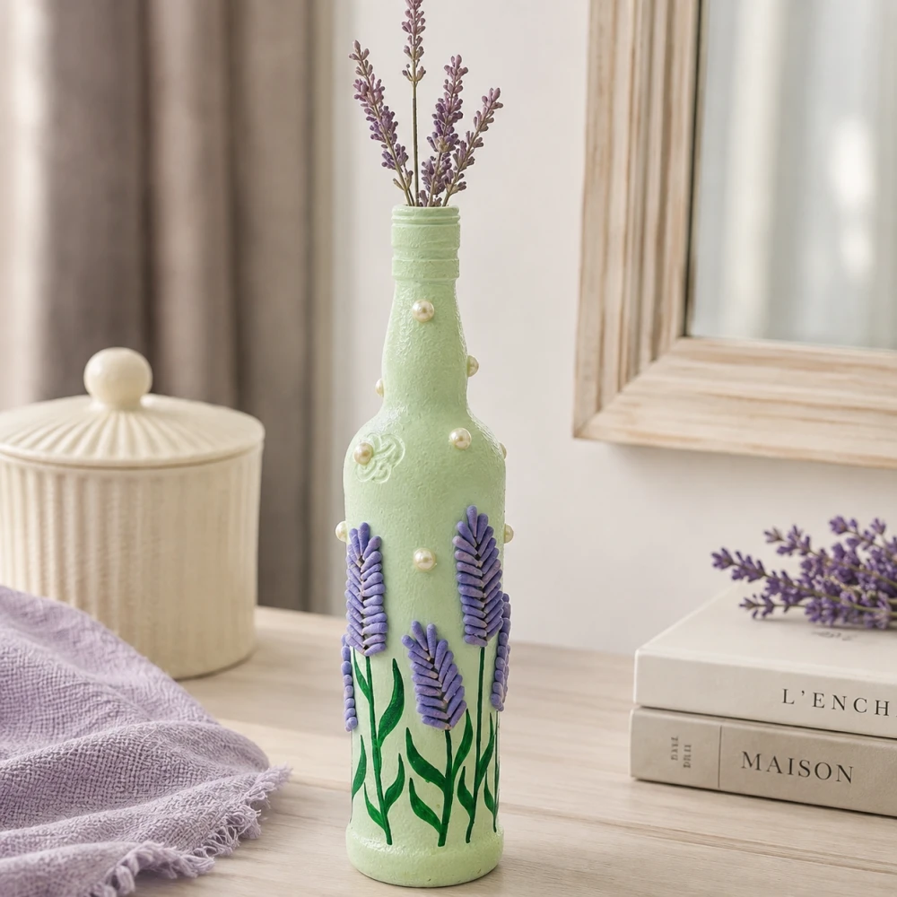 Rachnaya Lavender Grace Handcrafted Glass Bottle Vase | Lavender Floral Vase with Pearl Detailing for Home & Table Decor