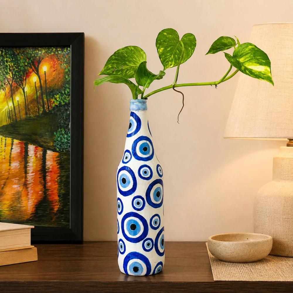 Rachnaya Neel Drishti Hand-Painted Evil Eye Glass Bottle Vase | Blue & White Handmade Decorative Vase for Home & Gifting