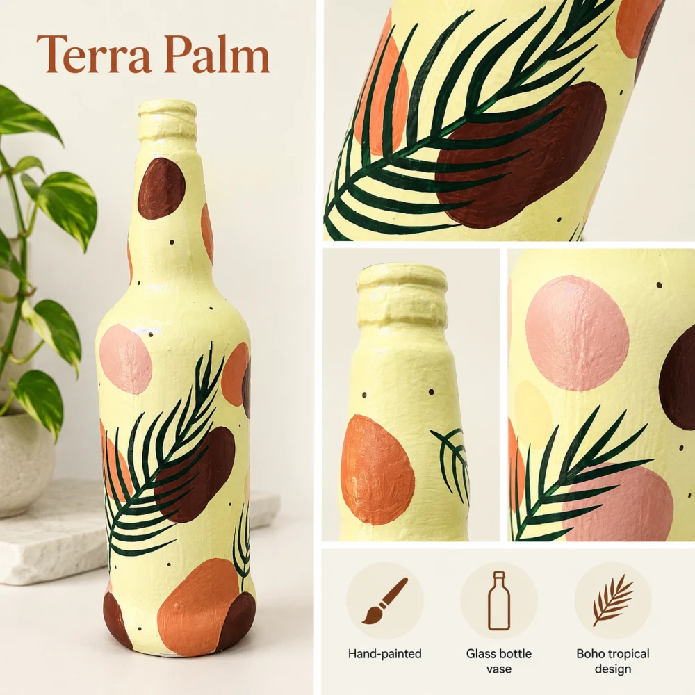 Rachnaya Terra Palm Hand-Painted Glass Bottle Vase | Handmade Boho Tropical Leaf Decorative Vase for Home & Table Decor