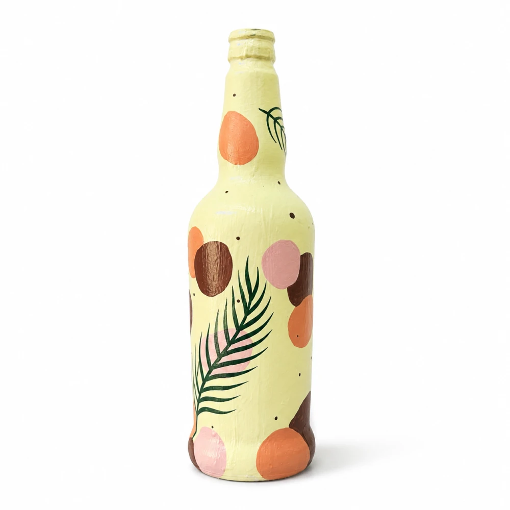 Rachnaya Terra Palm Hand-Painted Glass Bottle Vase | Handmade Boho Tropical Leaf Decorative Vase for Home & Table Decor