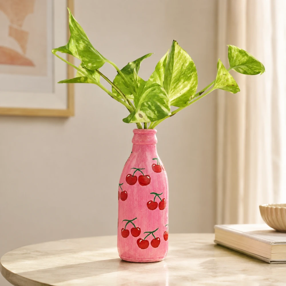 Rachnaya Cherry Bloom Set of 2 Hand-Painted Pink Glass Bottle Vases | Handmade Cherry Design Vases for Home Decor & Gifting