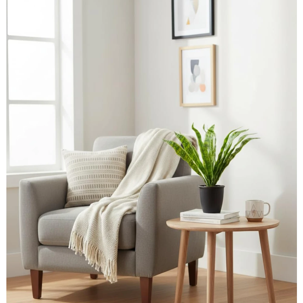 FOLIYAJ Artificial Snake Plant with Black Pot |Plants for Home Decor| Indoor Plants for Living Room