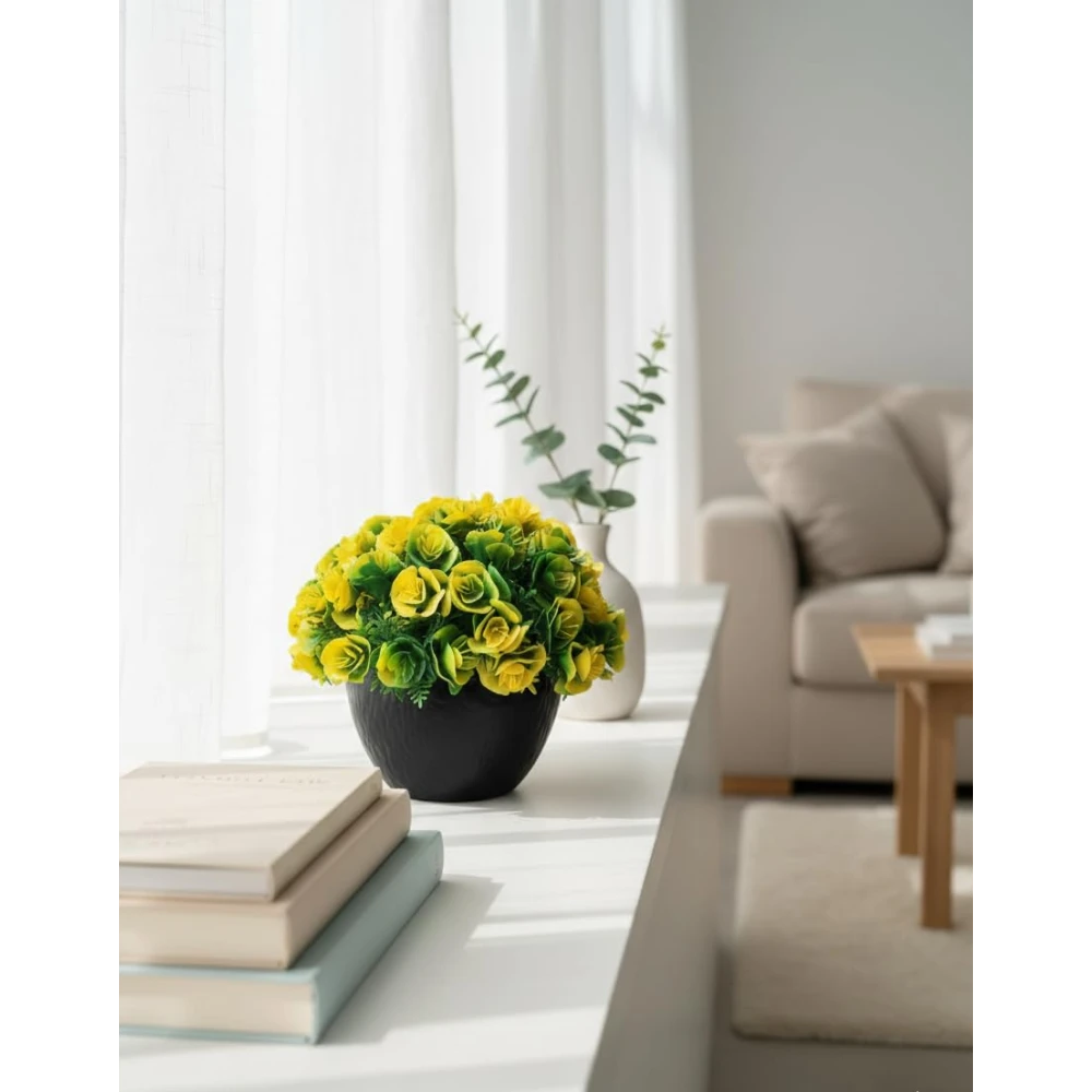 Foliyaj Artificial Yellow Rose Flower Plant with Black Pot | Plants for Home Decor with Pot| Indoor Artificial Plants for Living Room| Potted Artificial Plants
