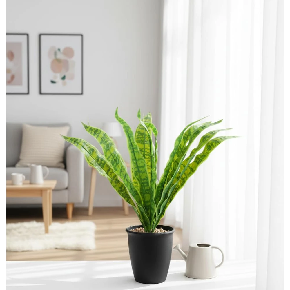 FOLIYAJ Artificial Snake Plant with Black Pot |Plants for Home Decor| Indoor Plants for Living Room