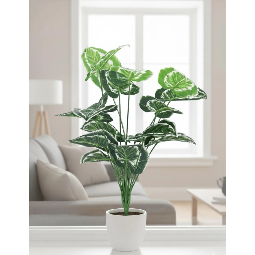 Foliyaj 18 Leaf Money Plant Bunch with White Border | 2 Feet Tall Plants for Home Decor without Pot| Indoor Artificial Plants for Living Room
