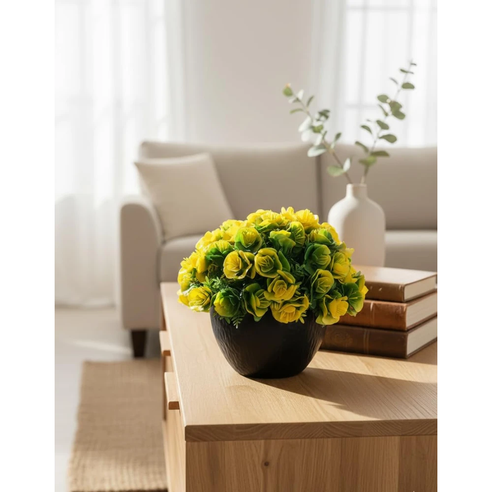Foliyaj Artificial Yellow Rose Flower Plant with Black Pot | Plants for Home Decor with Pot| Indoor Artificial Plants for Living Room| Potted Artificial Plants