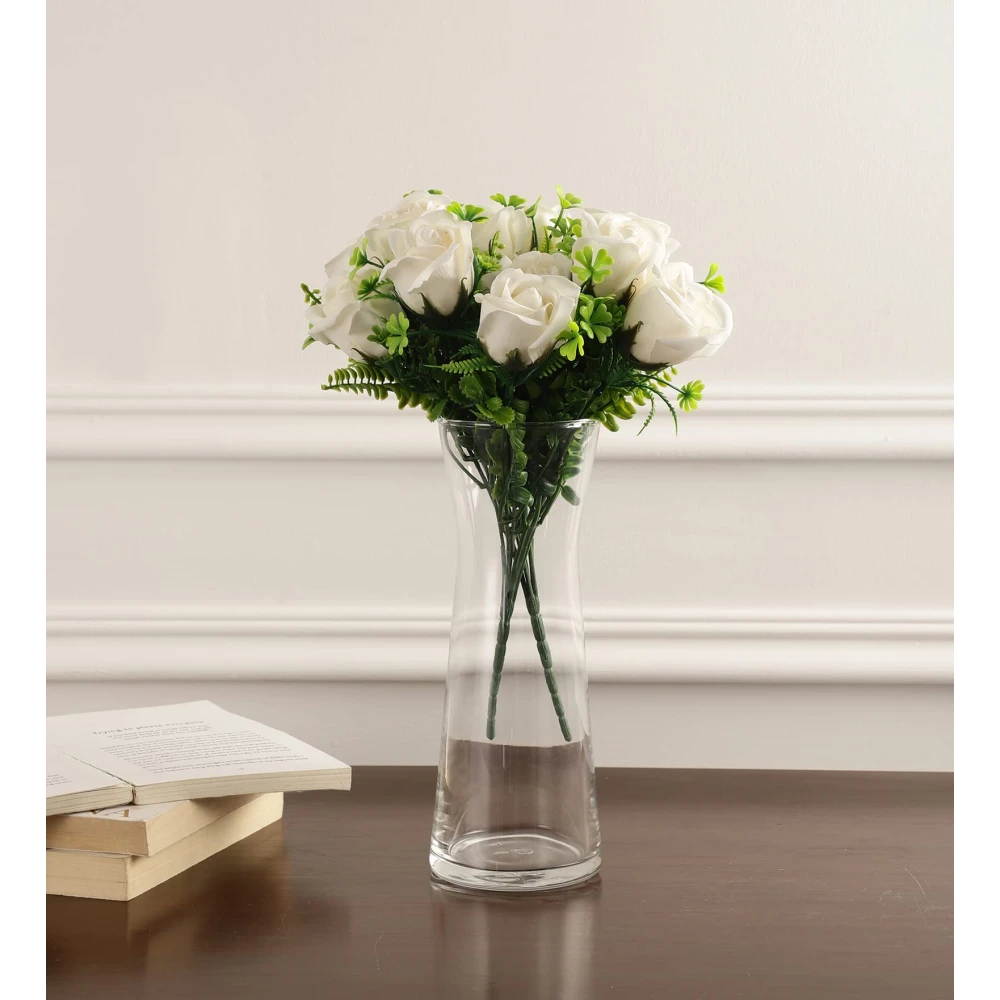 FOLIYAJ 2 Artificial White Rose Bunches Without Pot|Bonsai Tree|Artificial Flower|Home Décor for Living Room Home Office Shop|House|Gift|Decoration
