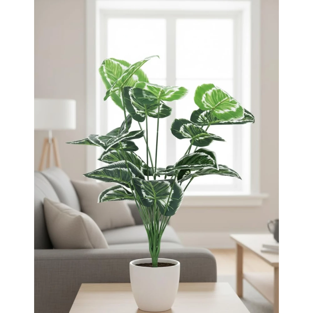 Foliyaj 18 Leaf Money Plant Bunch with White Border | 2 Feet Tall Plants for Home Decor without Pot| Indoor Artificial Plants for Living Room