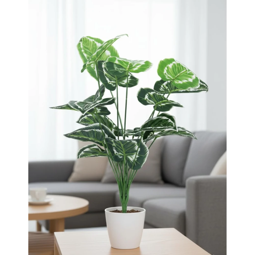 Foliyaj 18 Leaf Money Plant Bunch with White Border | 2 Feet Tall Plants for Home Decor without Pot| Indoor Artificial Plants for Living Room