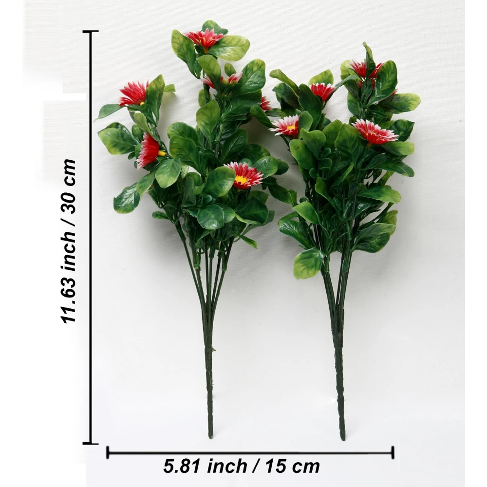 Foliyaj 2 Artificial Red Daisy Bunches without Vase|Artificial Plants for Indoor Home and Office Decor|Without Pot