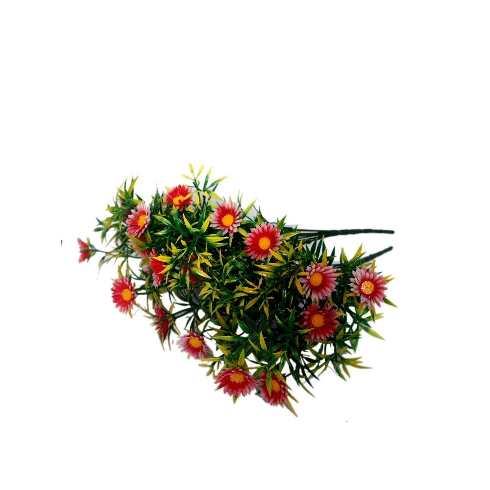 Foliyaj 2 Artificial Red Daisy Flower Bunches without Vase|Artificial Plants for Home Decor| Indoor Artificial Plants for Living Room|Artificial Plant Bunch