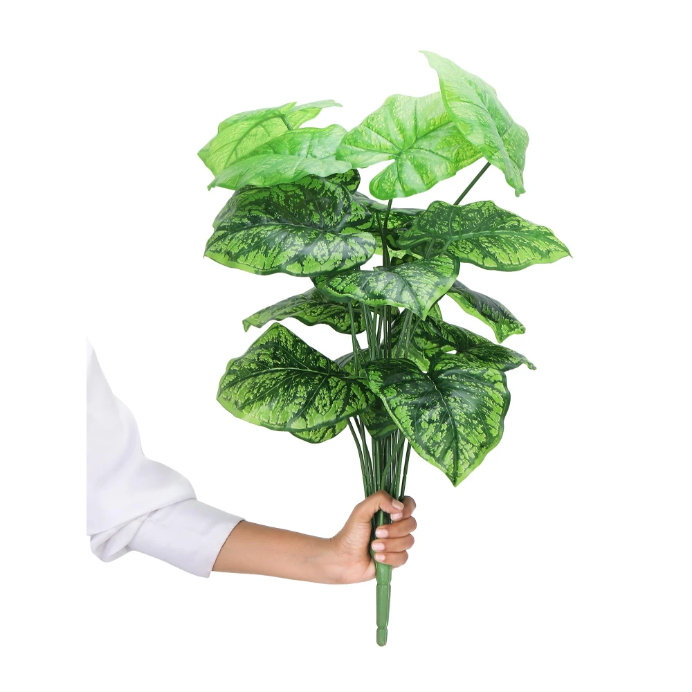 Foliyaj 18 Leaf Dark Green Alocasia Artificial Plant Bunch | 2 Feet Tall | Indoor Plants for Home Decor Living Room without Pot