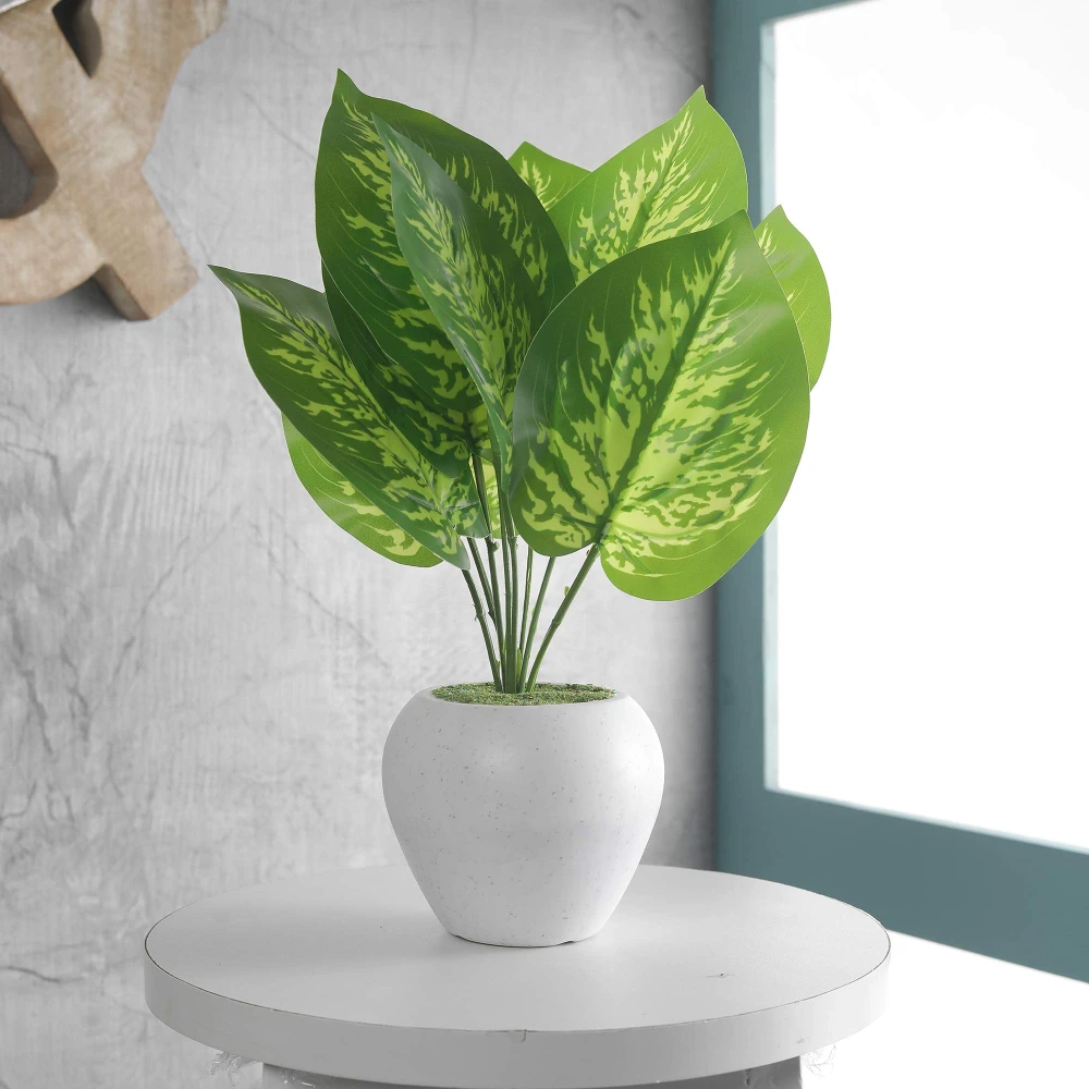 FOLIYAJ Artificial Money Plant with 9 Large Leaves in Apple Shaped Pot | Bonsai Tree | Flower | with Pot| for Home Office Shop House - Multicolour