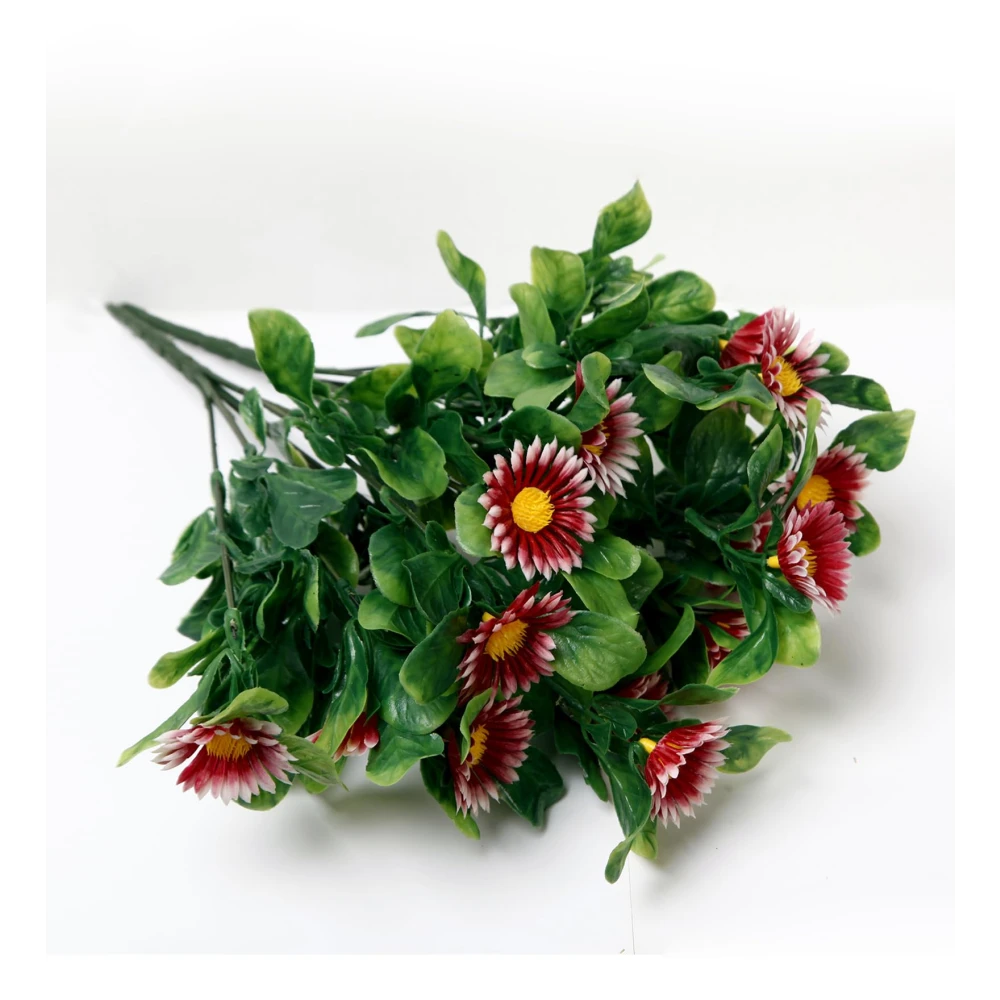Foliyaj 2 Artificial Red Daisy Bunches without Vase|Artificial Plants for Indoor Home and Office Decor|Without Pot