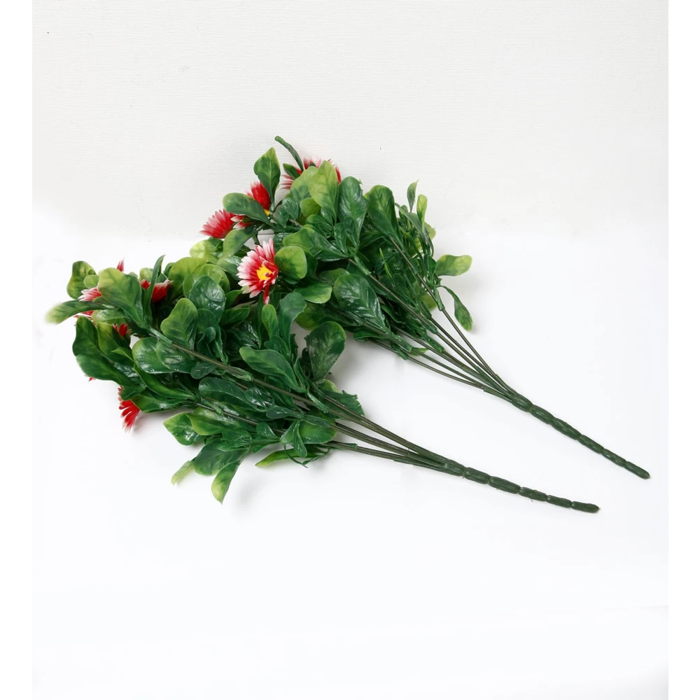 Foliyaj 2 Artificial Red Daisy Bunches without Vase|Artificial Plants for Indoor Home and Office Decor|Without Pot