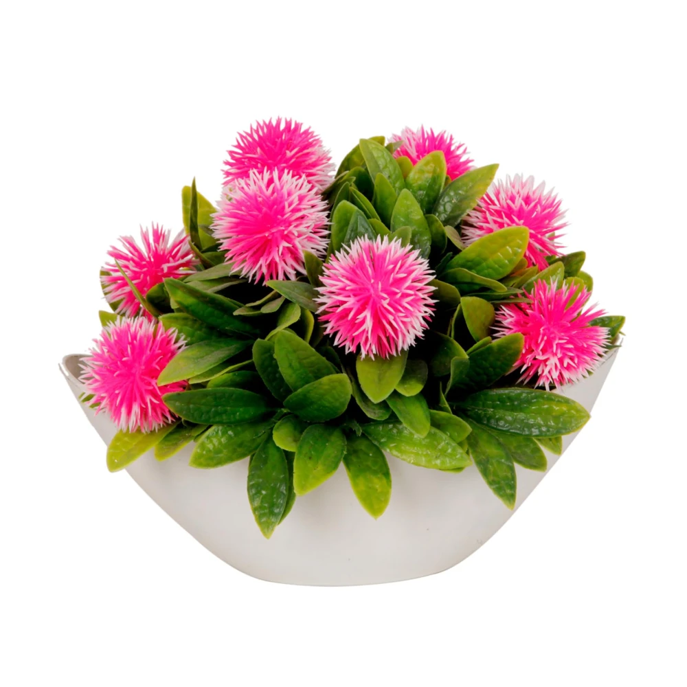 FOLIYAJ Artificial Plant Bush with Round Pink Flowers|Artificial Plants for Home Decor| Decorative Table Top Indoor Plants Bonsai for Office Desks & Counters