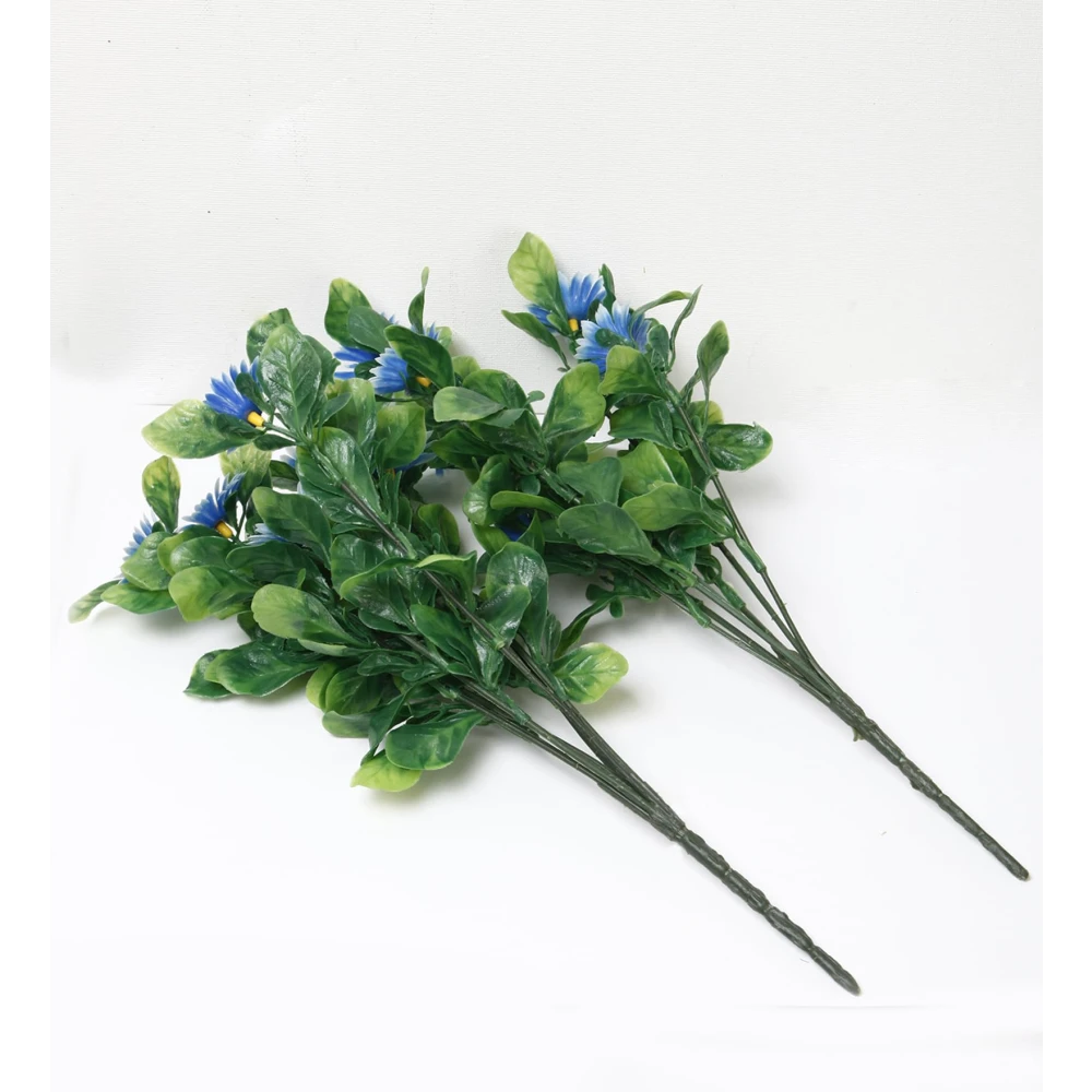 Foliyaj 2 Artificial Blue Daisy Bunches without Vase|Artificial Plants for Indoor Home and Office Decor|Without Pot