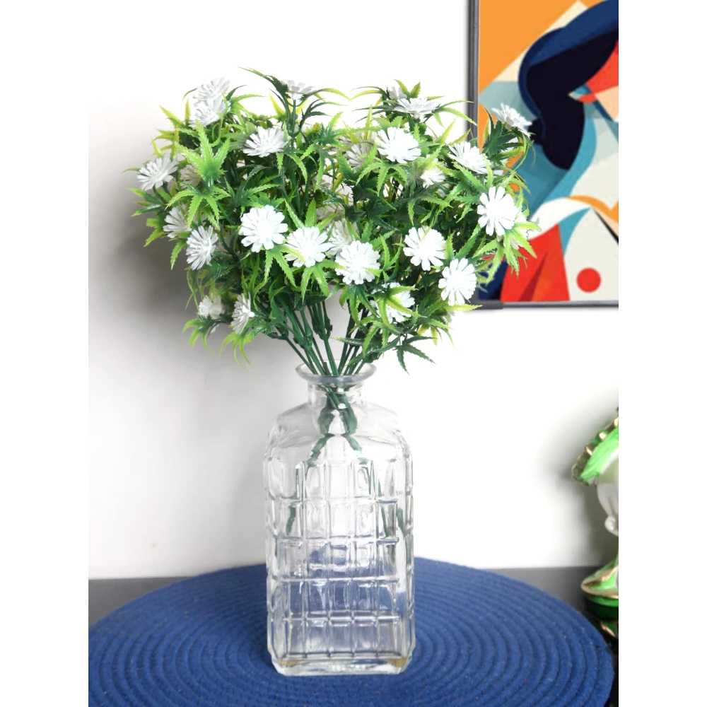 Foliyaj 2 Artificial White Gerba Bunches without Vase|Artificial Plants for Home Decor| Indoor Artificial Plants for Living Room|Artificial Plant Bunch