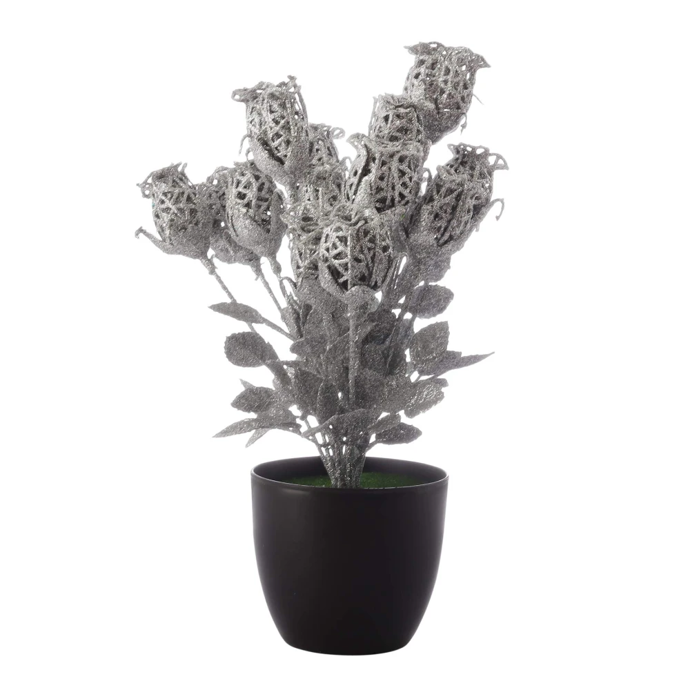 FOLIYAJ Silver Spray Painted Artificial Spiral Rose Plant with Pot for Living Room | Indoor Decor for Home and Office | Faux Plant for Interior Decoration
