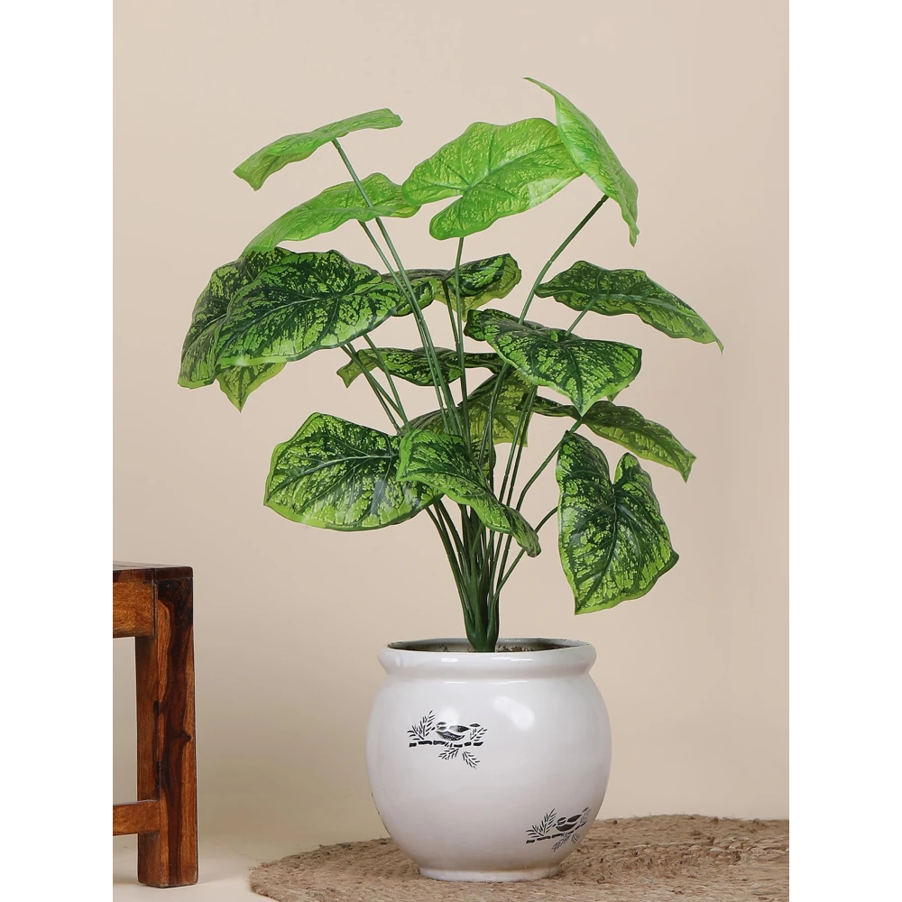 Foliyaj 18 Leaf Dark Green Alocasia Artificial Plant Bunch | 2 Feet Tall | Indoor Plants for Home Decor Living Room without Pot