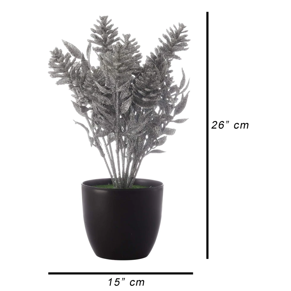 Silver Spray Painted Artificial Pine Cone Plant with Pot