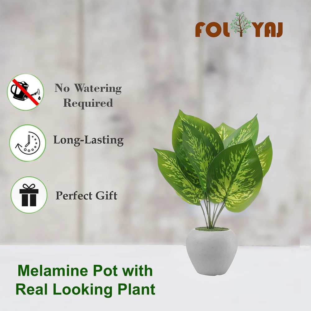 FOLIYAJ Artificial Money Plant with 9 Large Leaves in Apple Shaped Pot | Bonsai Tree | Flower | with Pot| for Home Office Shop House - Multicolour