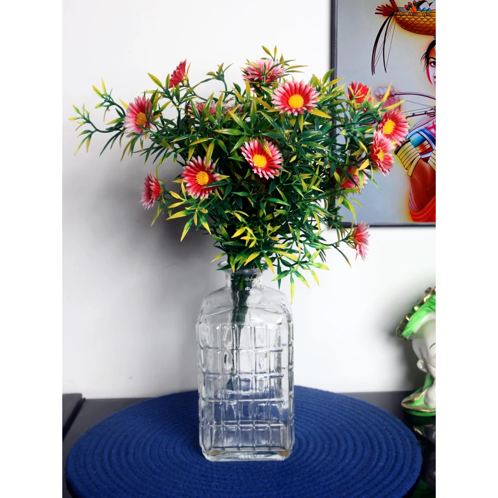 Foliyaj 2 Artificial Red Daisy Flower Bunches without Vase|Artificial Plants for Home Decor| Indoor Artificial Plants for Living Room|Artificial Plant Bunch