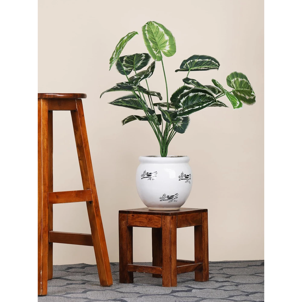 Foliyaj 18 Leaf Money Plant Bunch with White Border | 2 Feet Tall Plants for Home Decor without Pot| Indoor Artificial Plants for Living Room