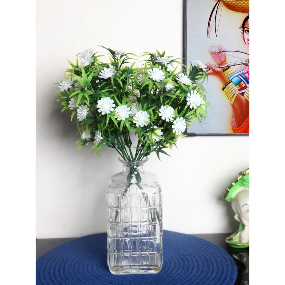 Foliyaj 2 Artificial White Gerba Bunches without Vase|Artificial Plants for Home Decor| Indoor Artificial Plants for Living Room|Artificial Plant Bunch