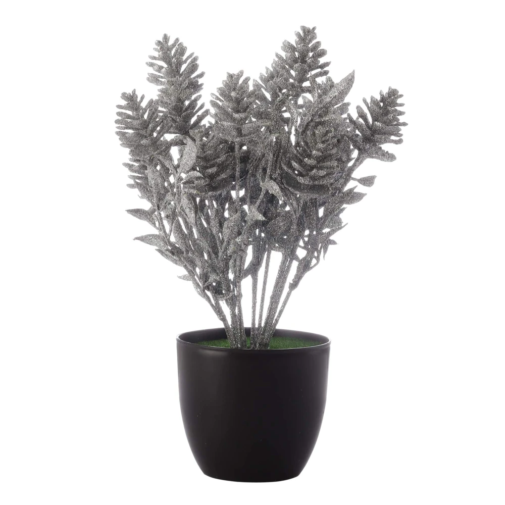 Silver Spray Painted Artificial Pine Cone Plant with Pot