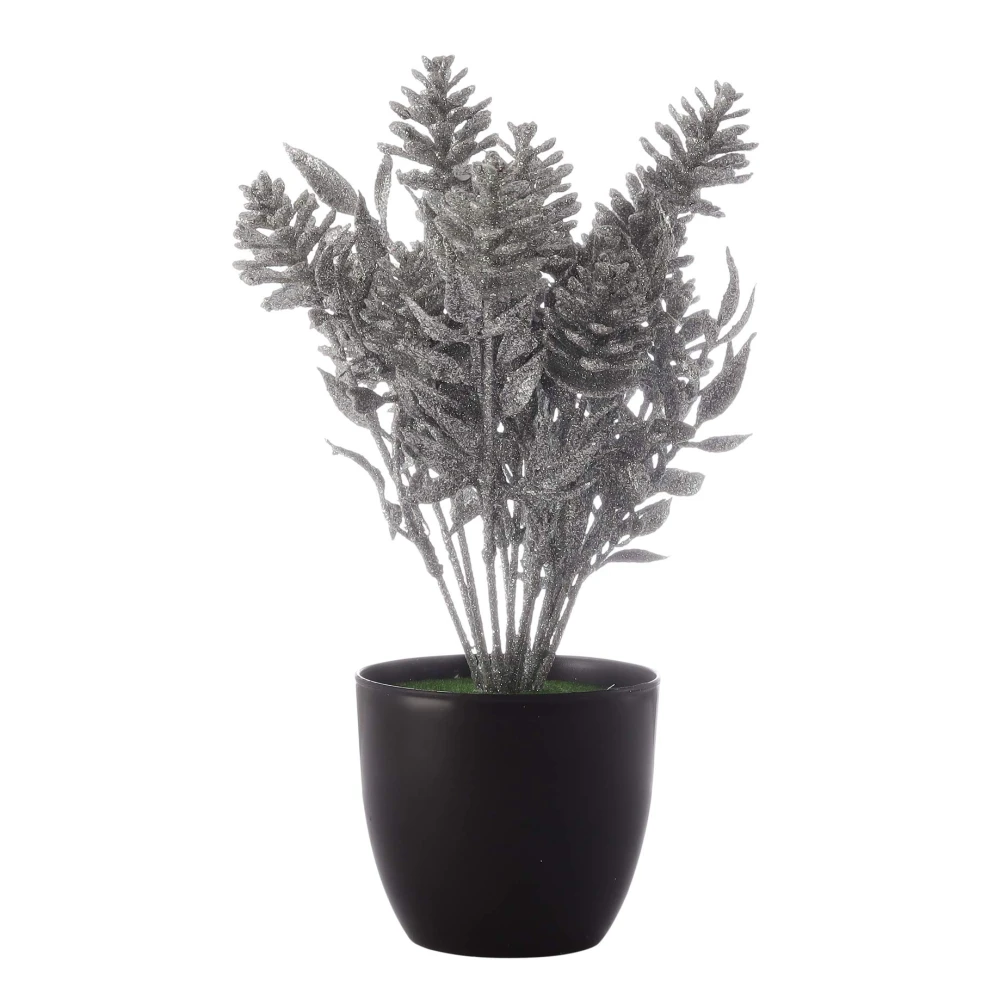 Silver Spray Painted Artificial Pine Cone Plant with Pot