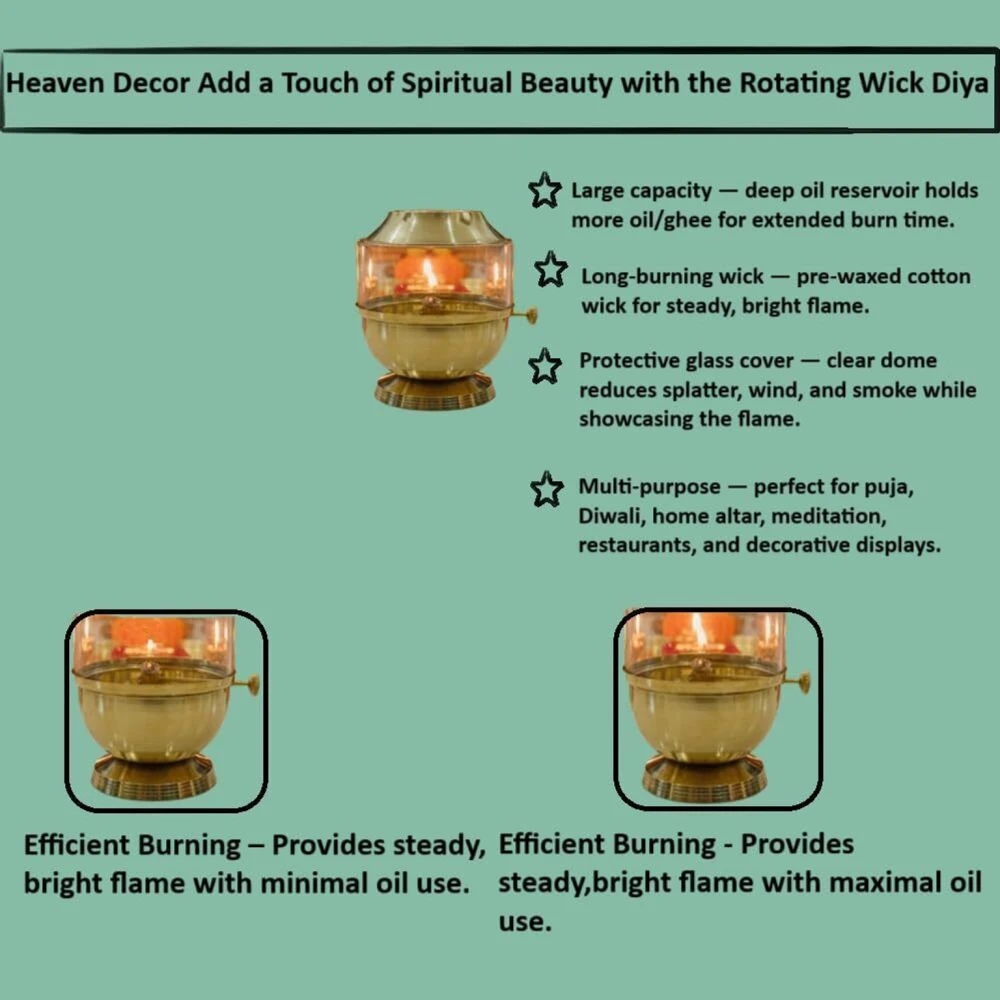 Heaven Decor Pure Brass Akhand Jyot Diya with Adjustable Bati Knob, Wick Lifting Screw Lever, Glass Cover (Large Size, 250 ml Oil Capacity, Stay Lit for 48 Hours, Wick Included)