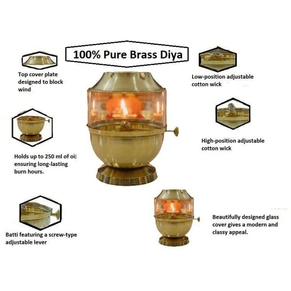 Heaven Decor Pure Brass Akhand Jyot Diya with Adjustable Bati Knob, Wick Lifting Screw Lever, Glass Cover (Large Size, 250 ml Oil Capacity, Stay Lit for 48 Hours, Wick Included)