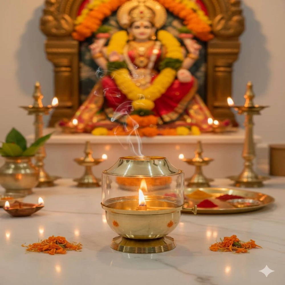 Heaven Decor Pure Brass Akhand Jyot Diya with Adjustable Bati Knob, Wick Lifting Screw Lever, Glass Cover (Large Size, 250 ml Oil Capacity, Stay Lit for 48 Hours, Wick Included)