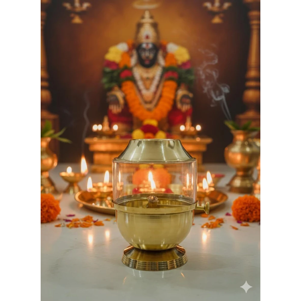 Heaven Decor Pure Brass Akhand Jyot Diya with Adjustable Bati Knob, Wick Lifting Screw Lever, Glass Cover (Large Size, 250 ml Oil Capacity, Stay Lit for 48 Hours, Wick Included)