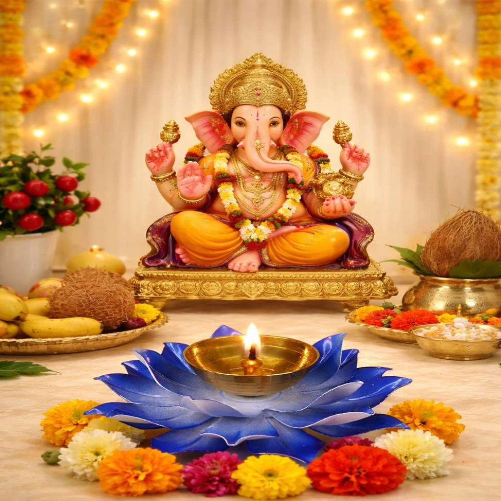 Heaven Decor Handcrafted Blue Lotus Flower Brass Diya Oil Lamp ,Traditional Pooja Deepak for Diwali, Home Temple, Festive Decoration & Gifting