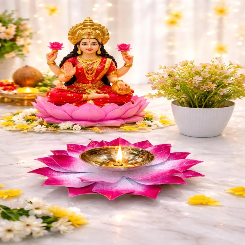 Heaven Decor Handcrafted Pink Lotus Flower Brass Diya Oil Lamp ,Traditional Pooja Deepak for Diwali, Home Temple, Festive Decoration & Gifting