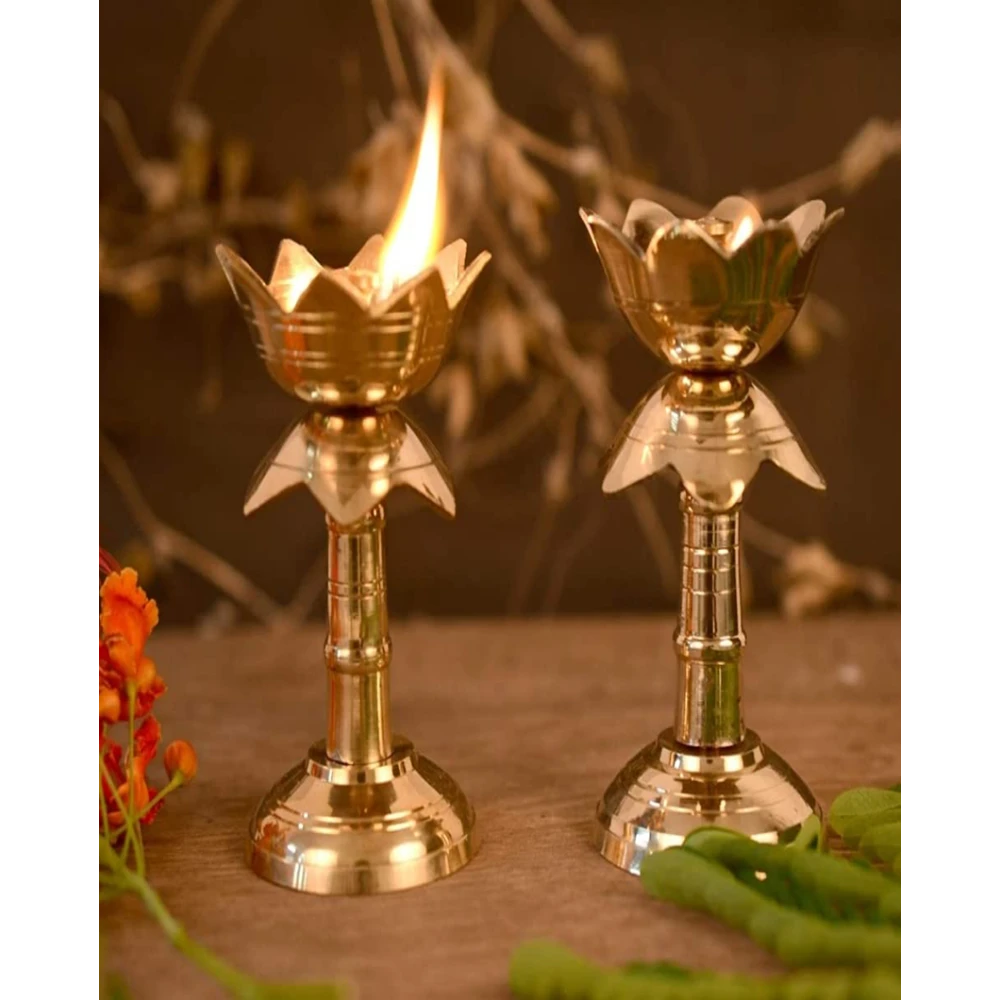 Heaven Decor Gold platted Pure kamal Brass Table Diya Set (Height: 4 inch, Pack of 2)