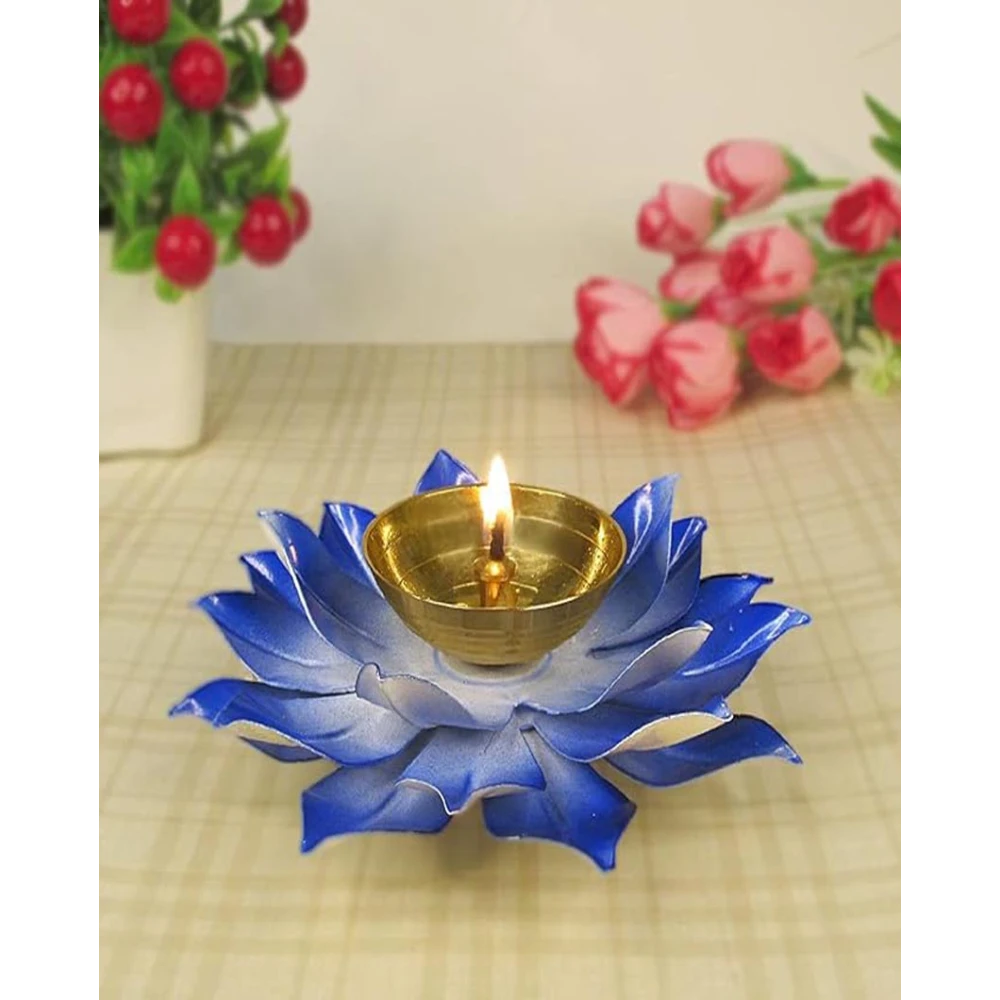 Heaven Decor Handcrafted Blue Lotus Flower Brass Diya Oil Lamp ,Traditional Pooja Deepak for Diwali, Home Temple, Festive Decoration & Gifting