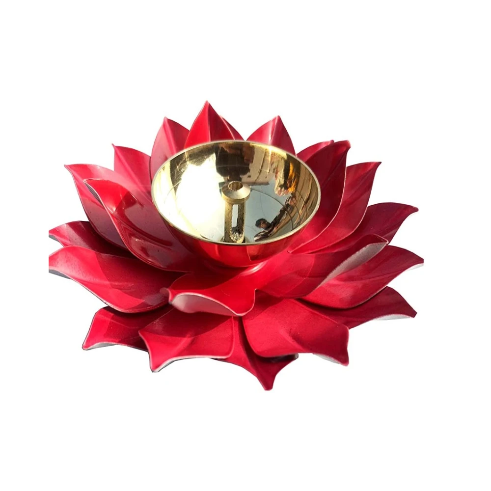 Heaven Decor Handcrafted Red Lotus Flower Brass Diya Oil Lamp ,Traditional Pooja Deepak for Diwali, Home Temple, Festive Decoration & Gifting