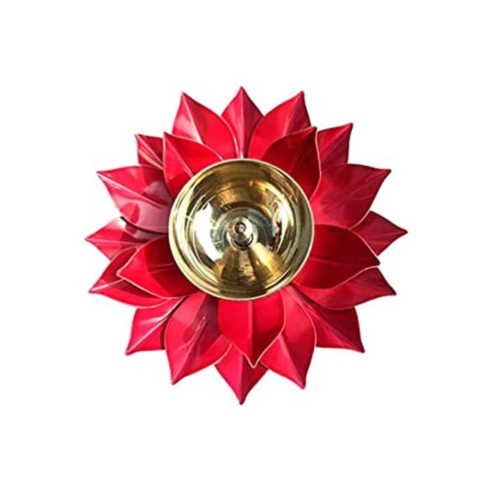 Heaven Decor Handcrafted Red Lotus Flower Brass Diya Oil Lamp ,Traditional Pooja Deepak for Diwali, Home Temple, Festive Decoration & Gifting