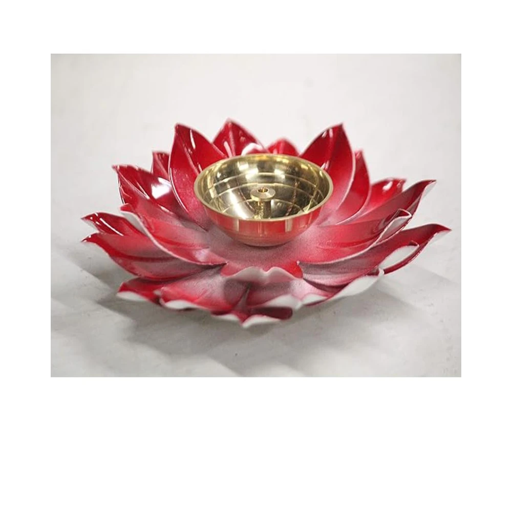 Heaven Decor Handcrafted Red Lotus Flower Brass Diya Oil Lamp ,Traditional Pooja Deepak for Diwali, Home Temple, Festive Decoration & Gifting