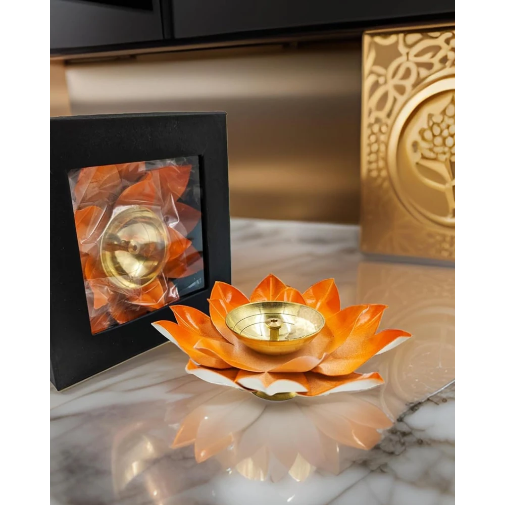 Heaven Decor Iron and Brass Kamal Ptta Orange color Akhand diya With Fancy Gift Box size 5 inch