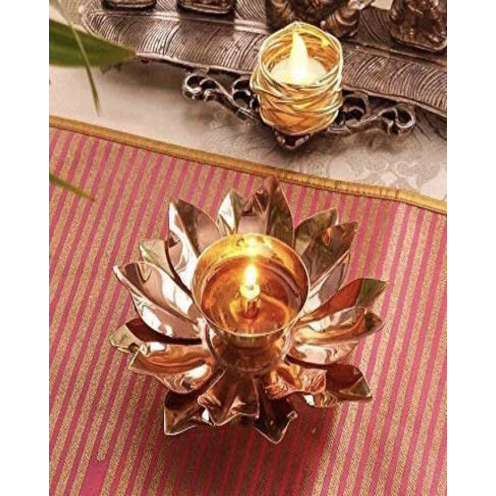 Heaven Decor Copper and Brass Kamal Ptta  Akhand diya,Traditional Pooja Deepak for Diwali, Home Temple, Festive Decoration & Gifting 6 inch