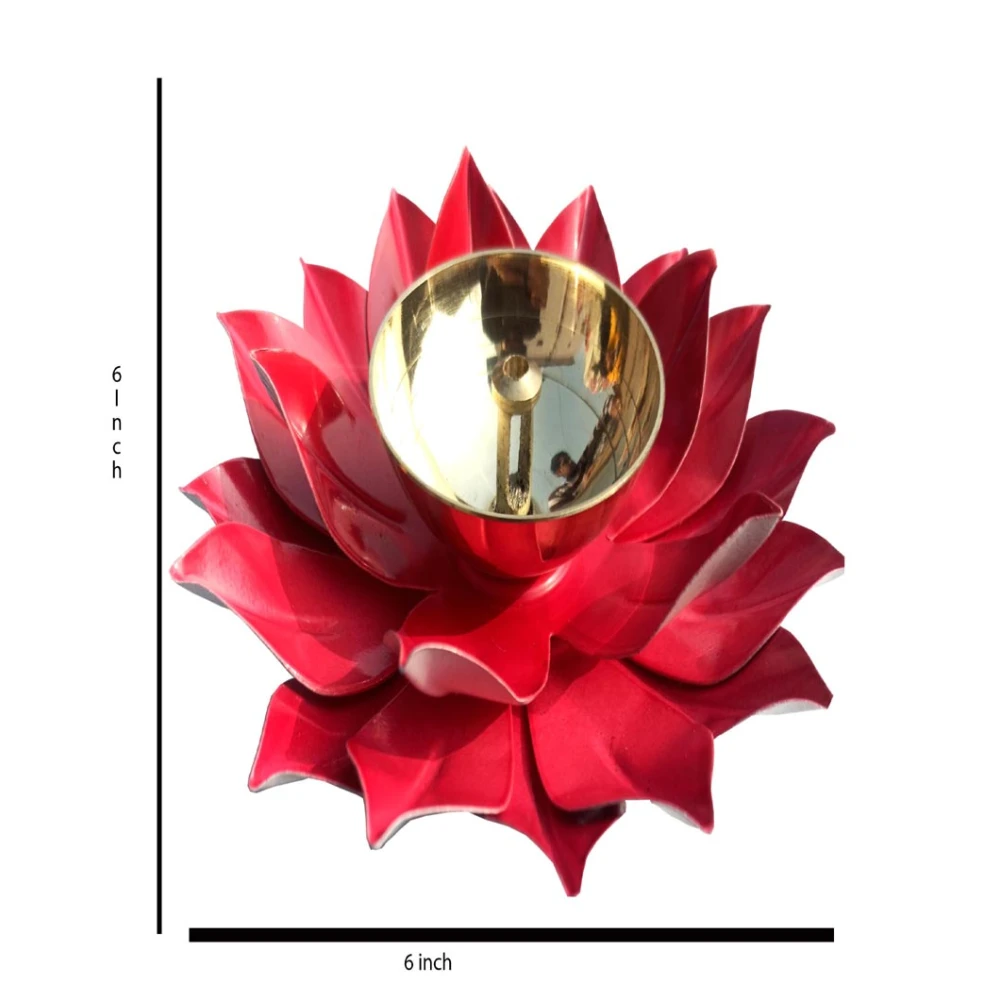 Heaven Decor Handcrafted Red Lotus Flower Brass Diya Oil Lamp ,Traditional Pooja Deepak for Diwali, Home Temple, Festive Decoration & Gifting