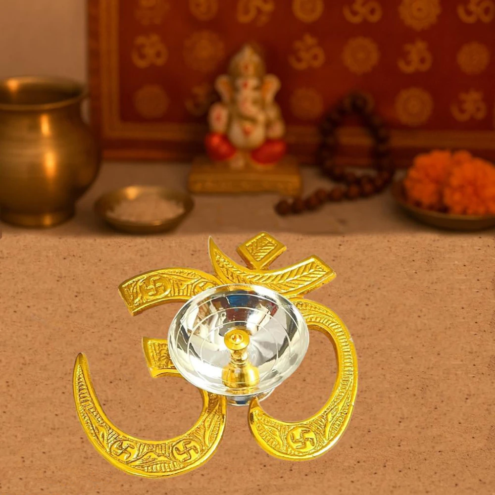 Heaven Decor Traditional Brass OM Diya with Velvet Box for Pooja, Diwali, Home Decor Deepam Jyot Diya Oil Lamp | Pooja Articles and Pooja Items for Home Temple(Height: 2 inch)