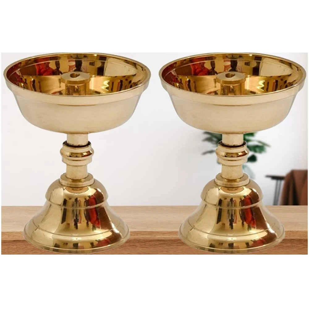 Heaven Decor Pure Brass Akhand Jyothi Pyali diya with Stand for Home Office Temple Decor(Pack of 2)Brass Table Diya